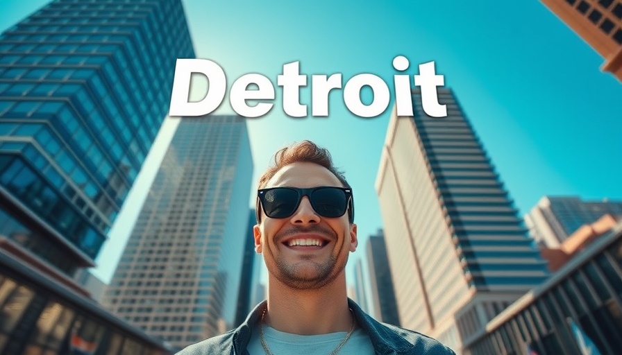 Travel vlogs explorer smiling in front of Detroit skyline.