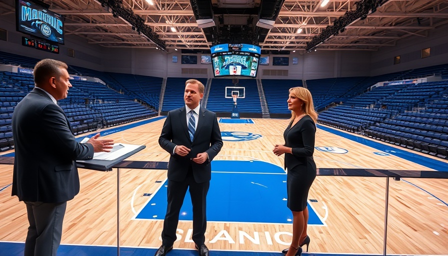 Anchors discussing upcoming Orlando Magic season in sports facility.