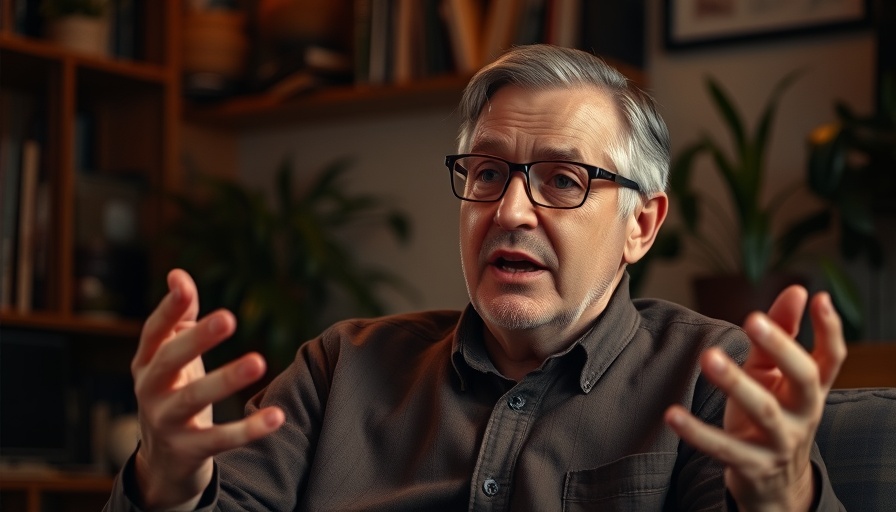 Man gesturing passionately while seated in a cozy interior setting.