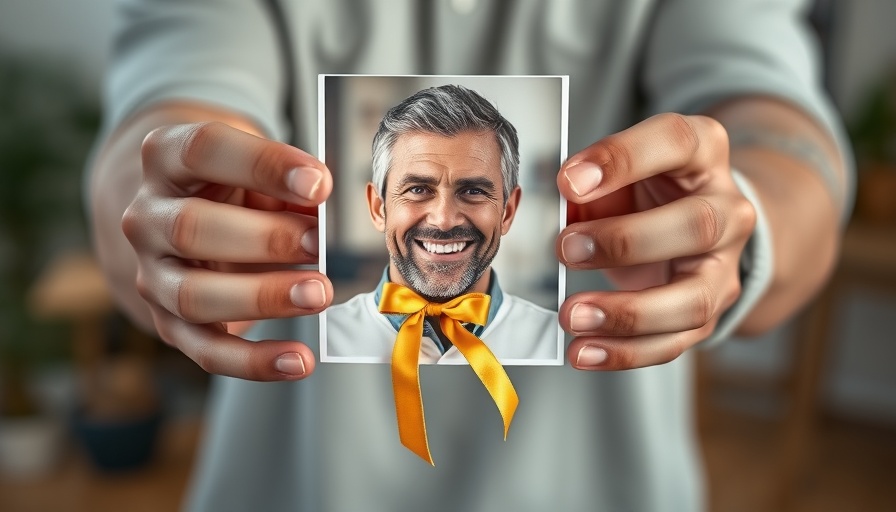 Photo held by hands with yellow ribbon, representing missing person.