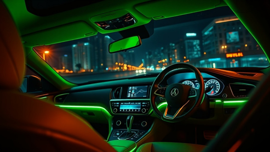 Luxurious car interior with neon green glow promoting daily affirmations for money.