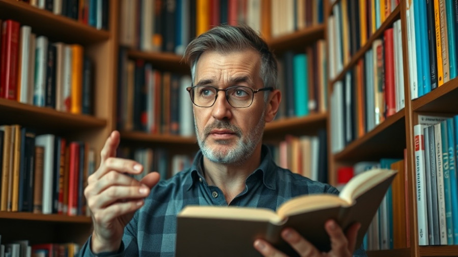 Man explaining hidden habit slowing your reading with bookshelves in background.
