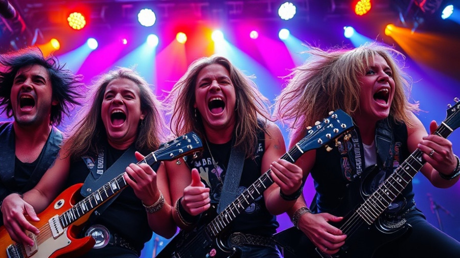 Energetic iconic rock musicians performing on stage, vibrant costumes.