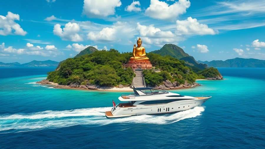 Scenic views of Samui with a golden Buddha and yacht.