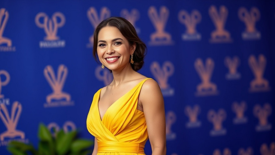 Elegant woman at an award event with a radiant smile.