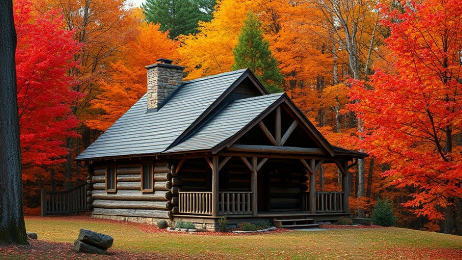 Rustic cabin with vibrant autumn trees in Ohio woodland.