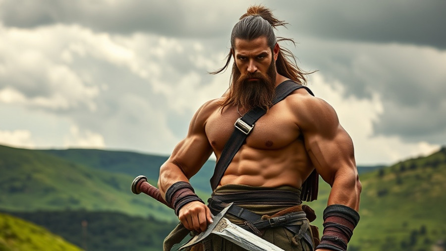 Muscular warrior with traditional necklace in lush landscape, Chief of War concept.