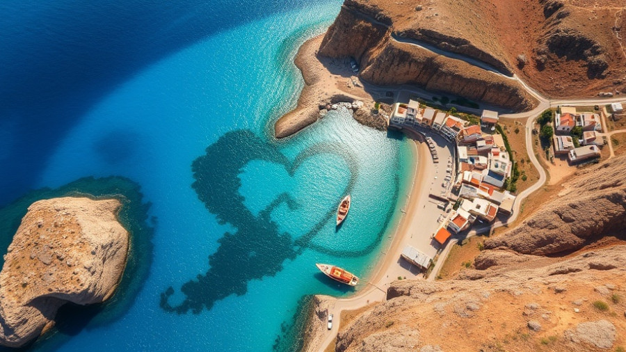Scenic views of Milos: aerial view of coastal village with heart-shaped boat trail.