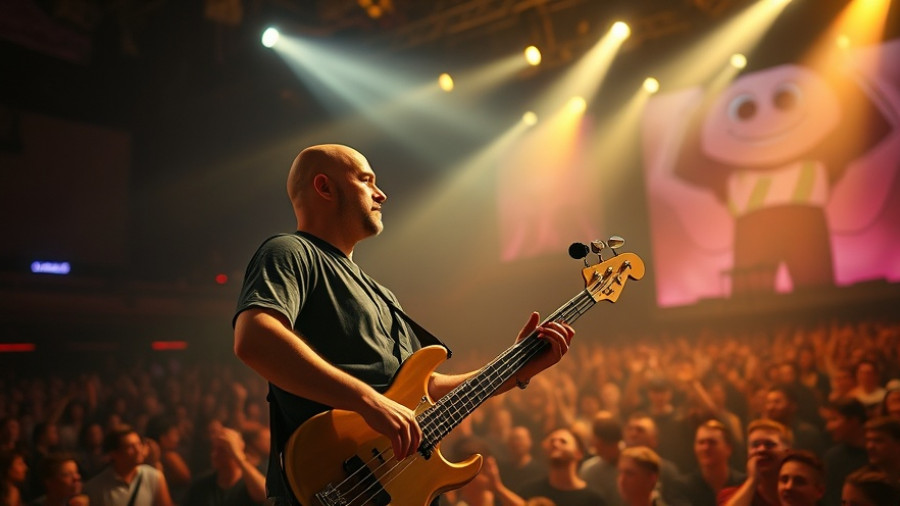 Sam Rivers of Limp Bizkit on stage with bass guitar.