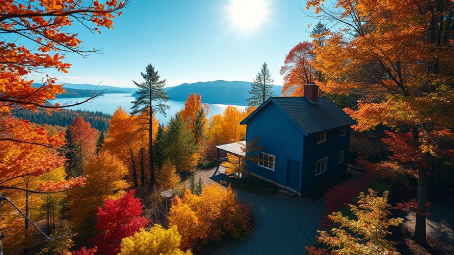 Scenic Views of a blue house amid autumn foliage by a lake.
