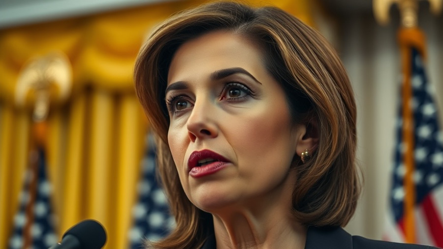 Serious woman speaking at press conference with flags and curtains background.