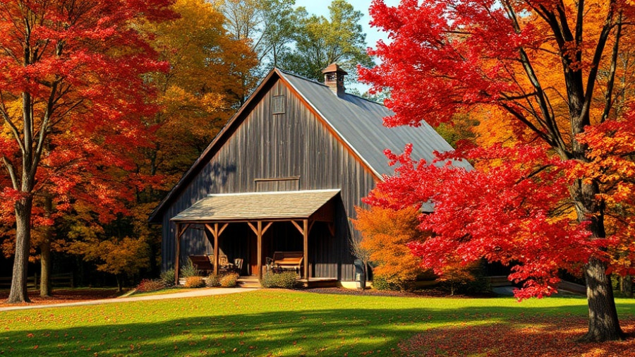 Scenic Views of a rustic barn amidst vibrant fall foliage.