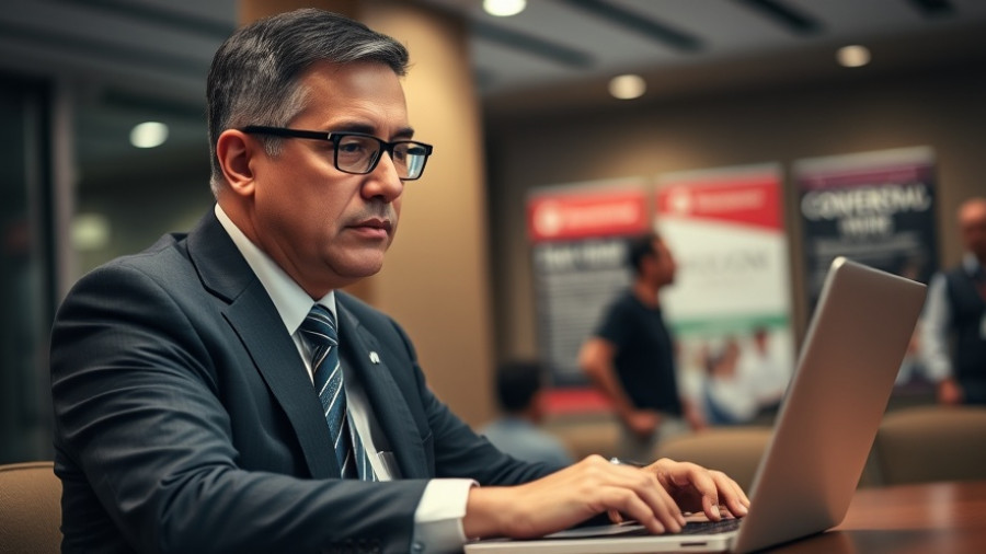 City official typing on laptop at work, serious expression.