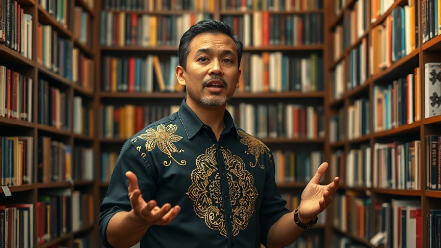 Confident person discussing growth and personal development in a library.