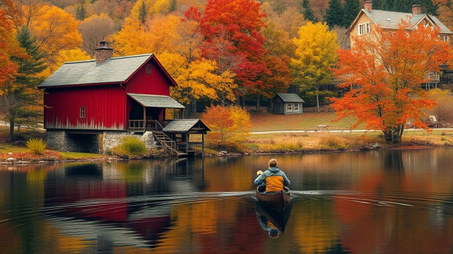 Scenic Views of Autumn in Michigan with a red bridge and canoeist.