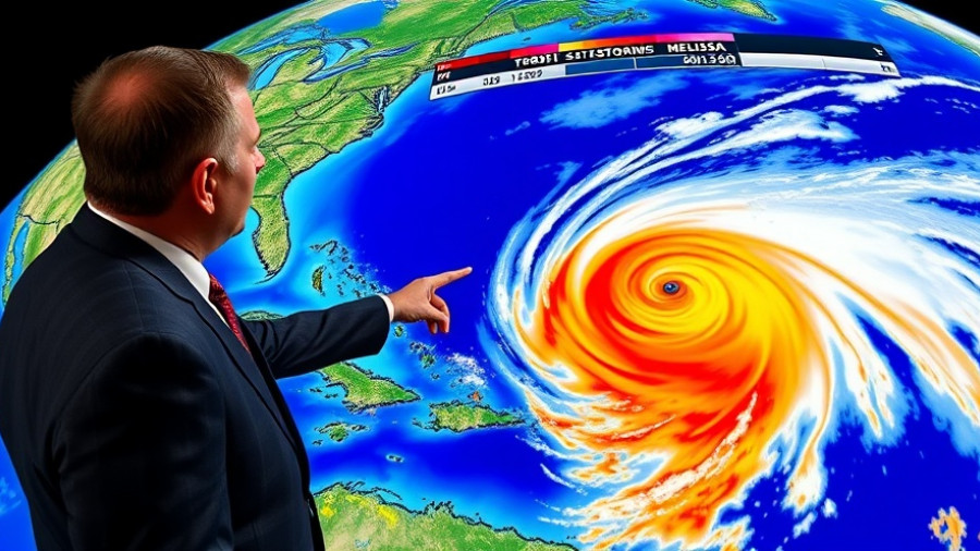 Meteorologist analyzing Tropical Storm Melissa with colorful weather map.