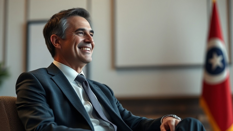 Distinguished male figure seated in a suit, smiling contently, South Korean backdrop, photorealistic.