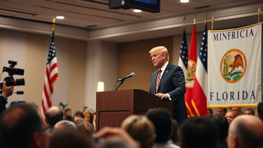 Florida Auto Insurance Reforms press conference with speaker and flags.