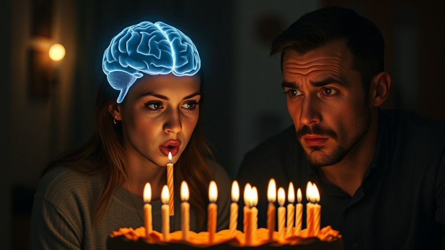 Symbolic image of memory decline with birthday candles and brain visualization.