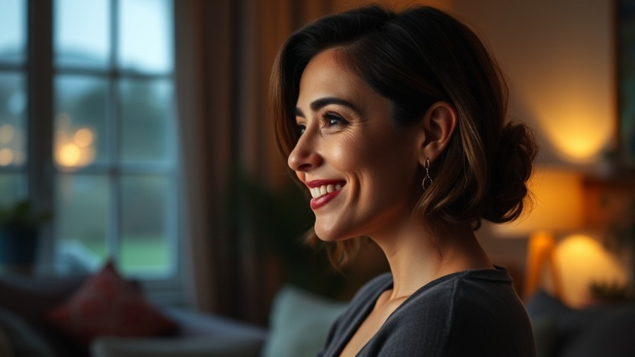 Confident woman smiling warmly in dimly lit room, Bugonia Review.