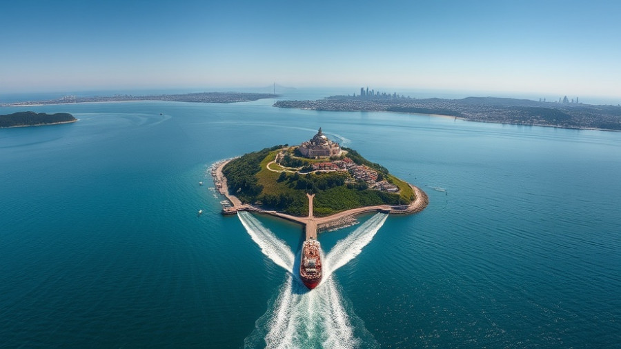 Scenic views of Alcatraz Island with a heart-shaped ship wake.