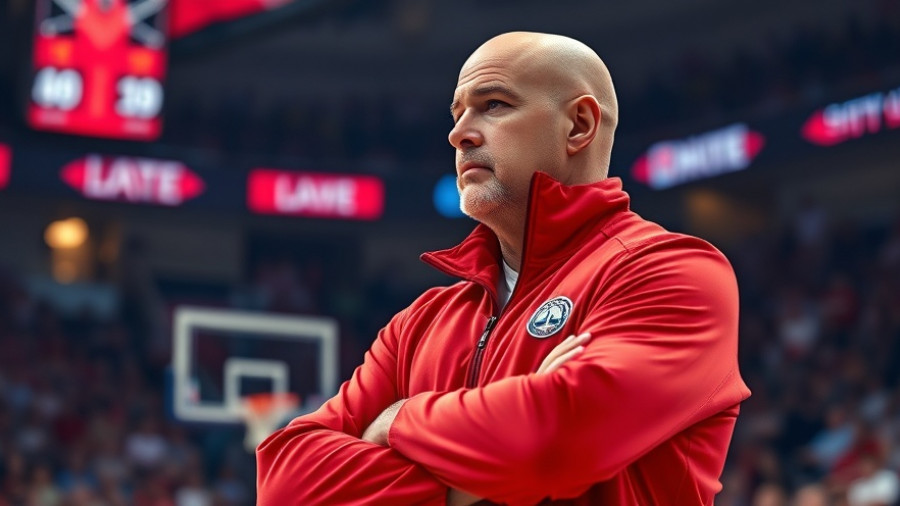 Man in sports jacket reflecting at a basketball game.