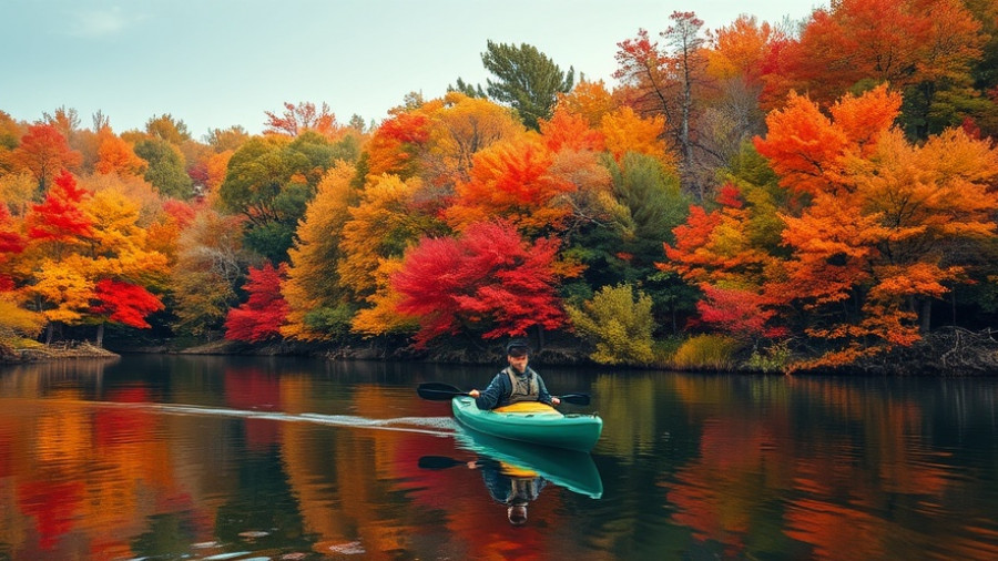 Kayaker in fall foliage, serene lake, nature prescriptions mental health.