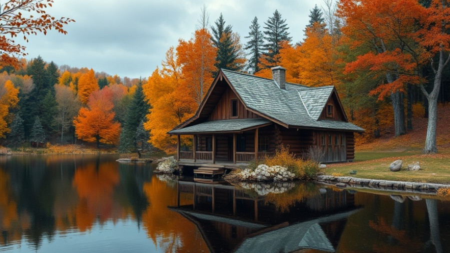 Upstate New York autumn travel scene with cabin and colorful foliage.