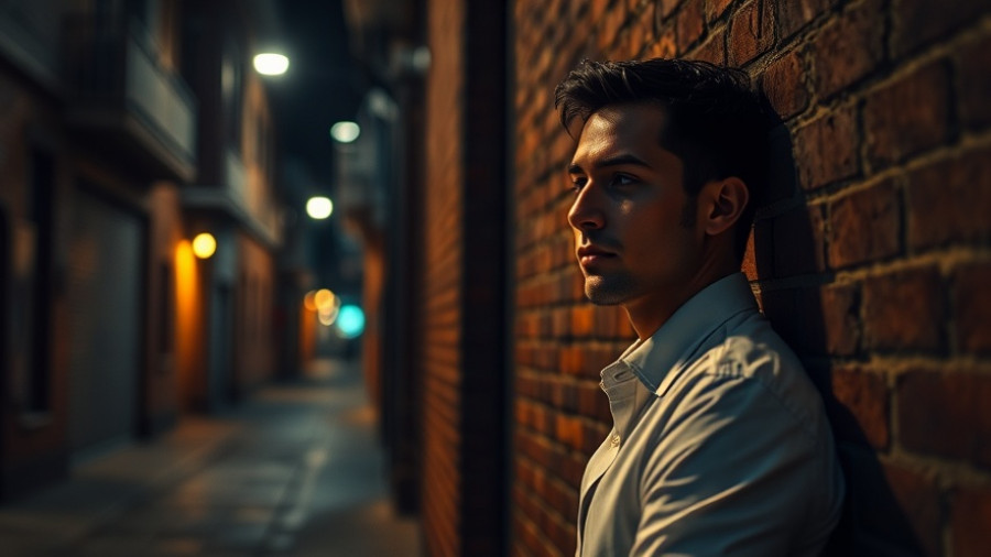 Man in alleyway under warm light, reflecting deeply.
