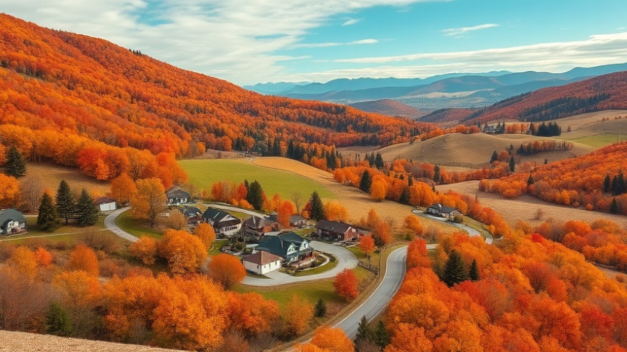 Scenic views of autumn countryside with vibrant foliage and rustic houses.