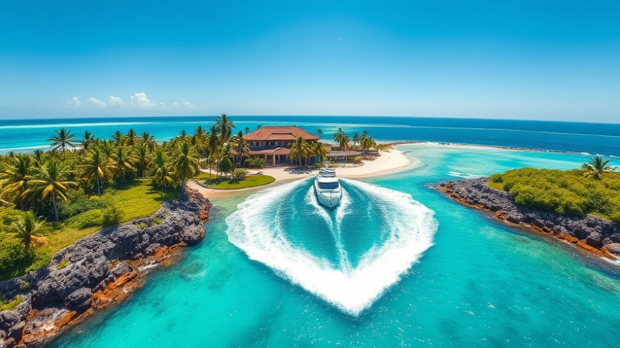 Luxury beachfront villa in Tulum with yacht creating heart-shaped wave, Tulum travel destinations.