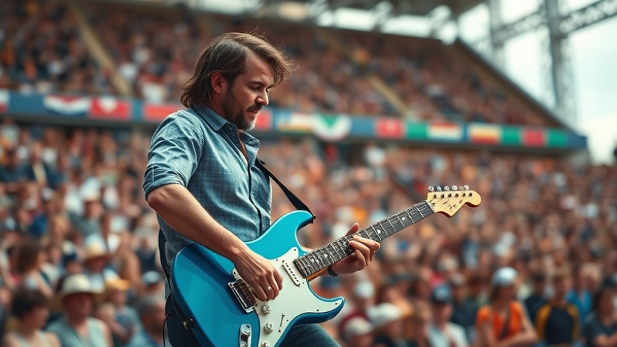 Musician performing at a stadium event with blue guitar, lively crowd.