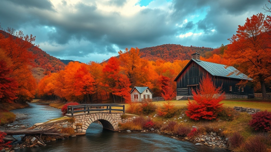 Scenic autumn views in the Appalachian Mountains with barn and bridge.