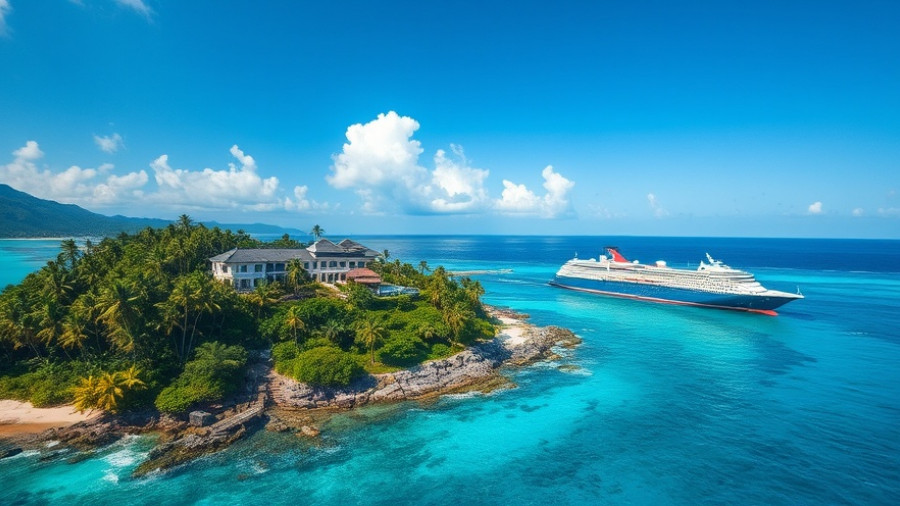 Scenic travel destination with tropical island and cruiseships.