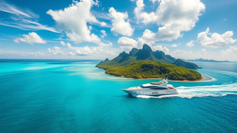 Oahu Hawaii Scenic Views: Tropical island with yacht creating heart-shaped wake.