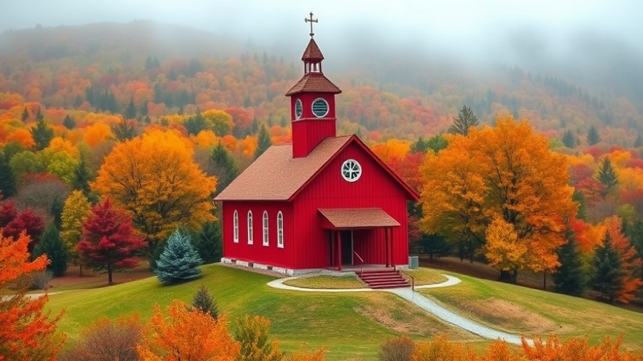 Scenic view of a red church in Pennsylvania during autumn.