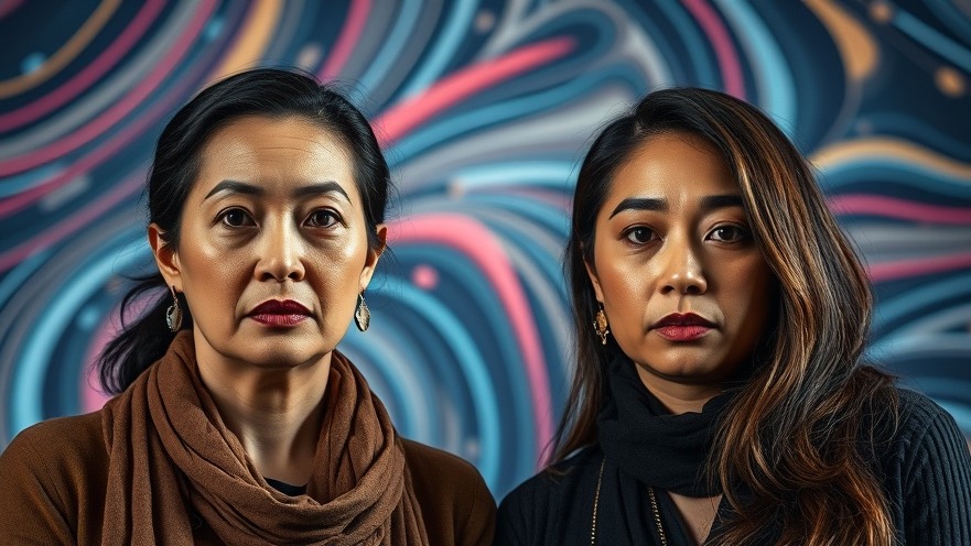 Two women discussing hormonal changes and mental wellness during menopause, vibrant abstract background.