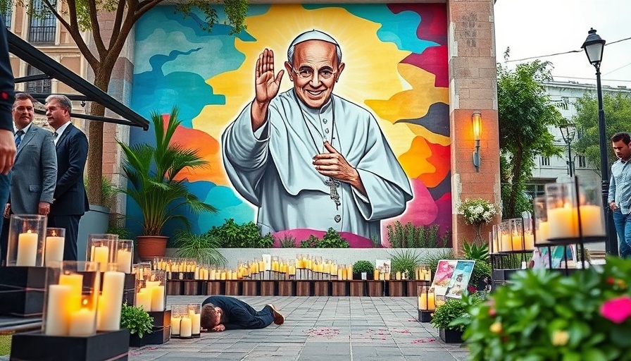 Mural of Pope Francis with person praying, highlighting health and prayer.