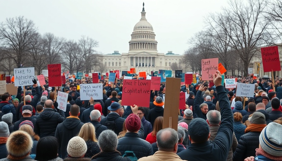 Protestors gathered outside Capitol demonstrating, holding signs.