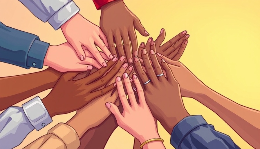 Diverse hands forming a supportive circle illustration representing menopause symptoms and work support.