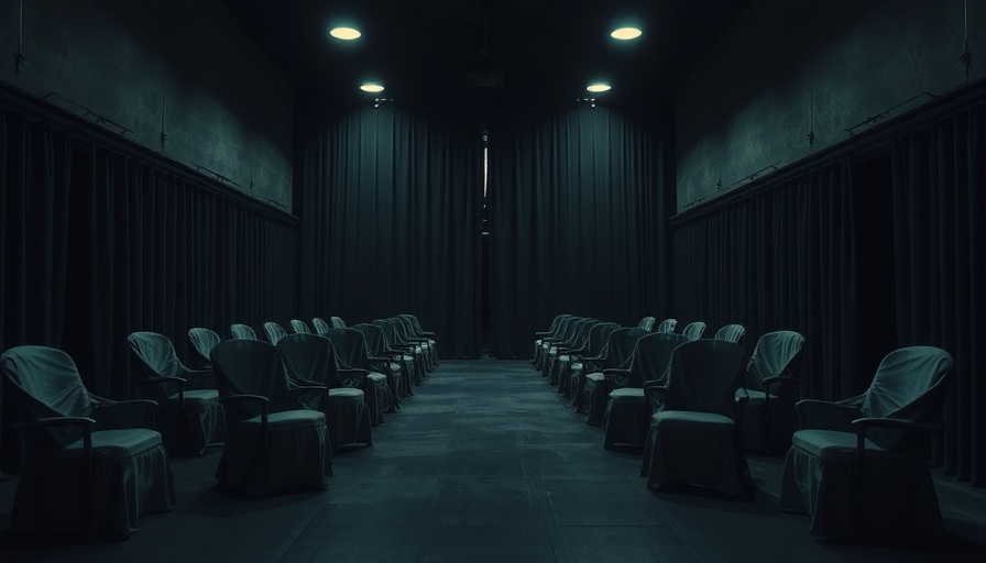 Dimly lit execution chamber with covered chairs, somber setting.