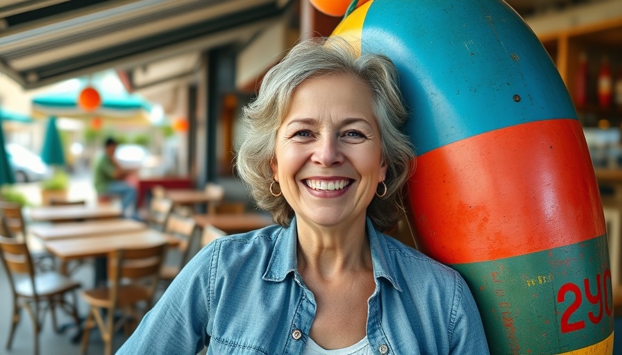 Middle-aged woman smiling at outdoor cafe, emphasizing heart health.