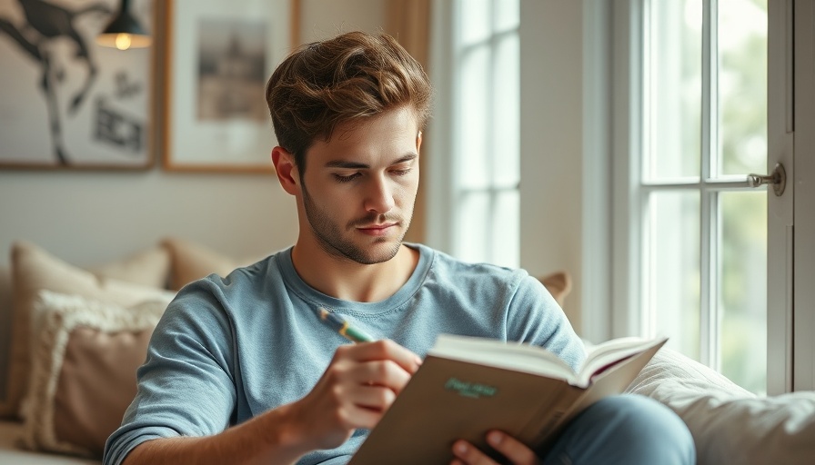 Young man recording travels in journal on a sofa with pillows.