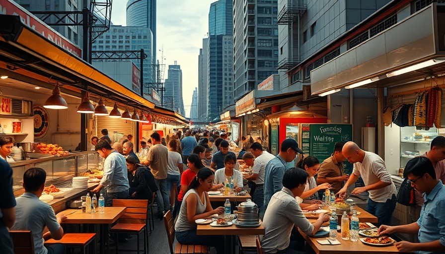 Vibrant street food market scene with diverse diners and chefs.
