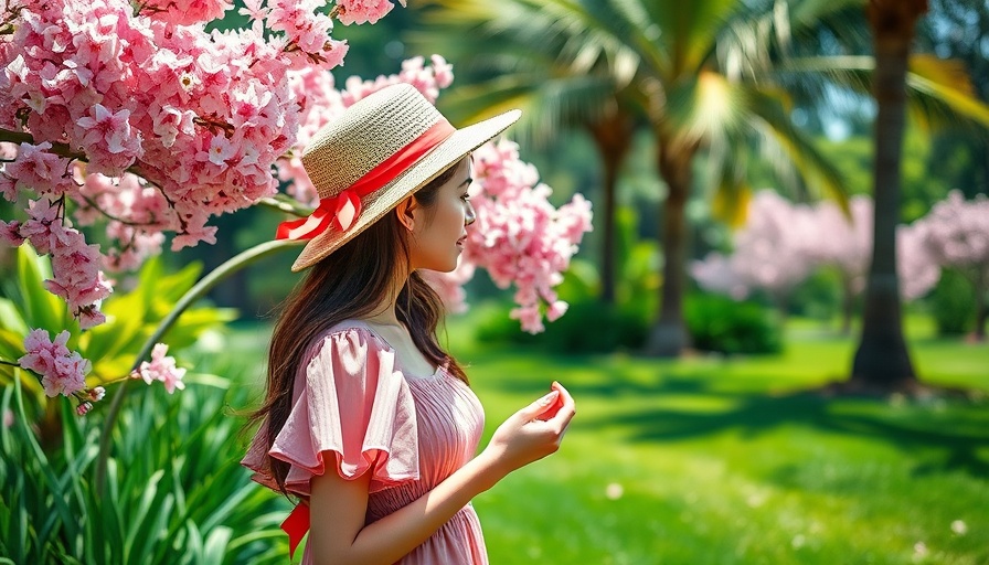 Young woman in pink dress enjoys Spring Bloom at Bok Tower Gardens.