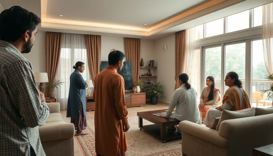 Actors rehearsing on a Pakistani TV drama set in a living room.