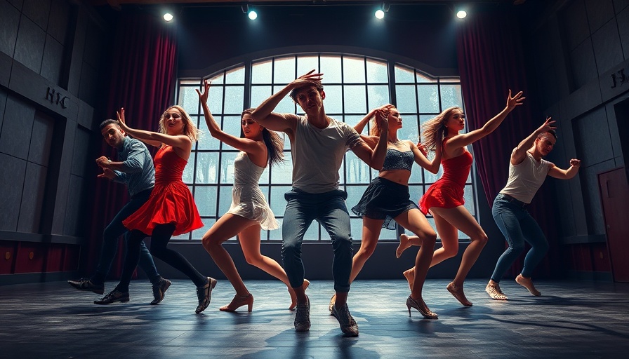 Dancers perform energetically on stage with dramatic spotlighting.