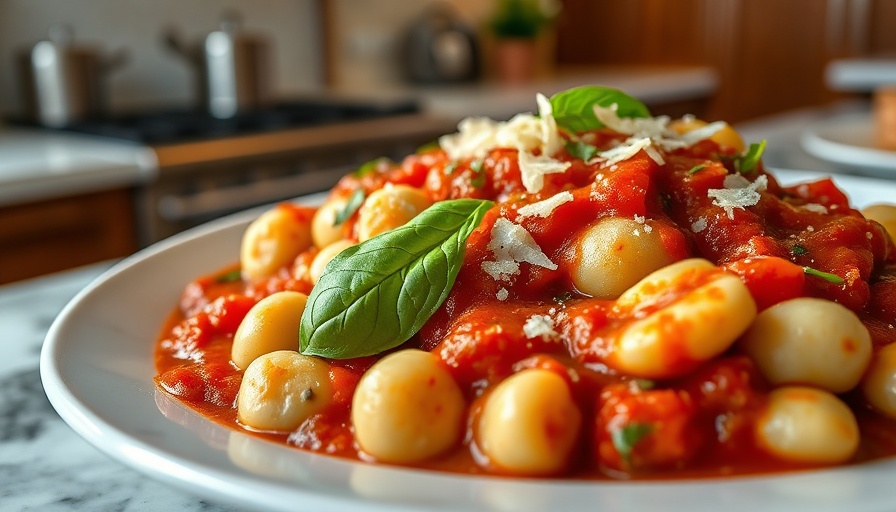 Gnocchi Marinara Recipe in a white pan with fresh basil and parmesan.