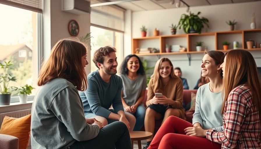 Group of people socializing in a hostel common room.
