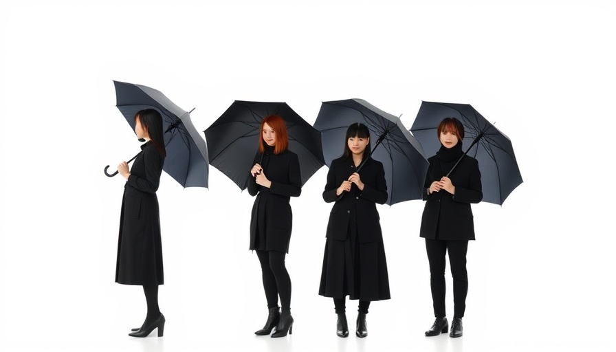 Minimalist scene from Balenciaga Fall 2025 Fashion Week Collection with individuals holding umbrellas.